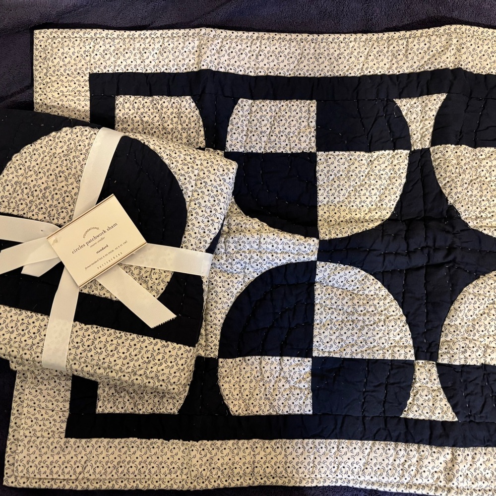 New 2 POTTERY BARN Navy Blue Circles Patchwork Standard Pillow Shams
